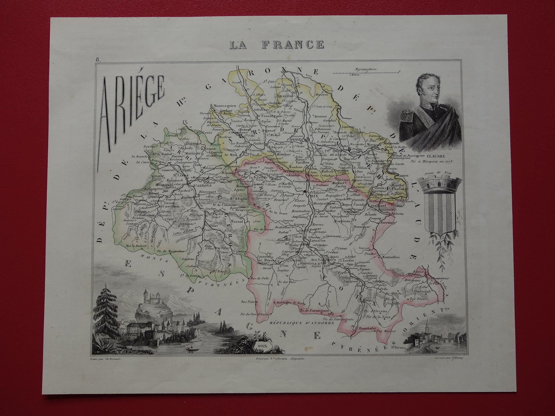 ARIEGE Frankrijk oude kaart uit 1856 originele antieke handgekleurde landkaart departement Ariége Foix