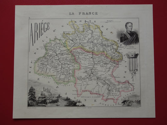 ARIEGE Frankrijk oude kaart uit 1856 originele antieke handgekleurde landkaart departement Ariége Foix