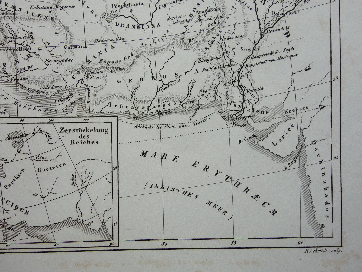 Antieke kaart van het rijk van Alexander de Grote uit 1849 Oude Duitse landkaart Macedonische Alexandrijnse rijk
