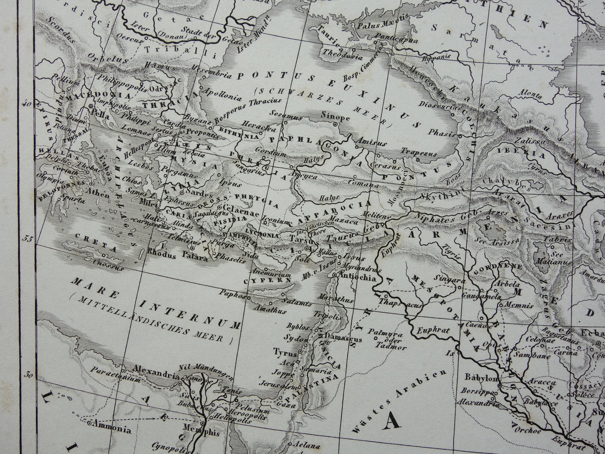 Antieke kaart van het rijk van Alexander de Grote uit 1849 Oude Duitse landkaart Macedonische Alexandrijnse rijk