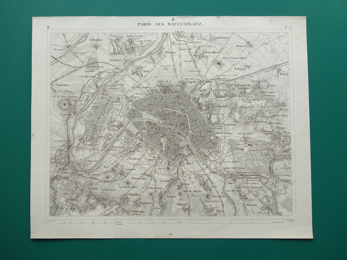 Old Map of Paris 175+ Year Old Antique Map of Paris with Forts from 1849 Original Vintage Maps