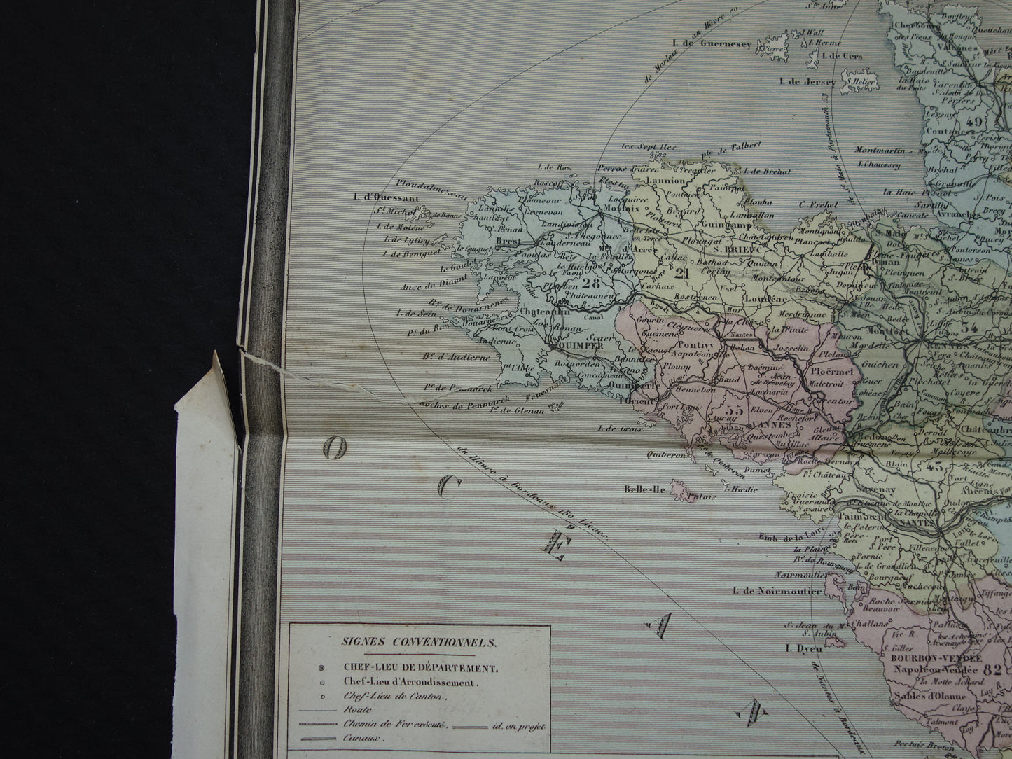France antique map from 1870 DAMAGED original old map France departments