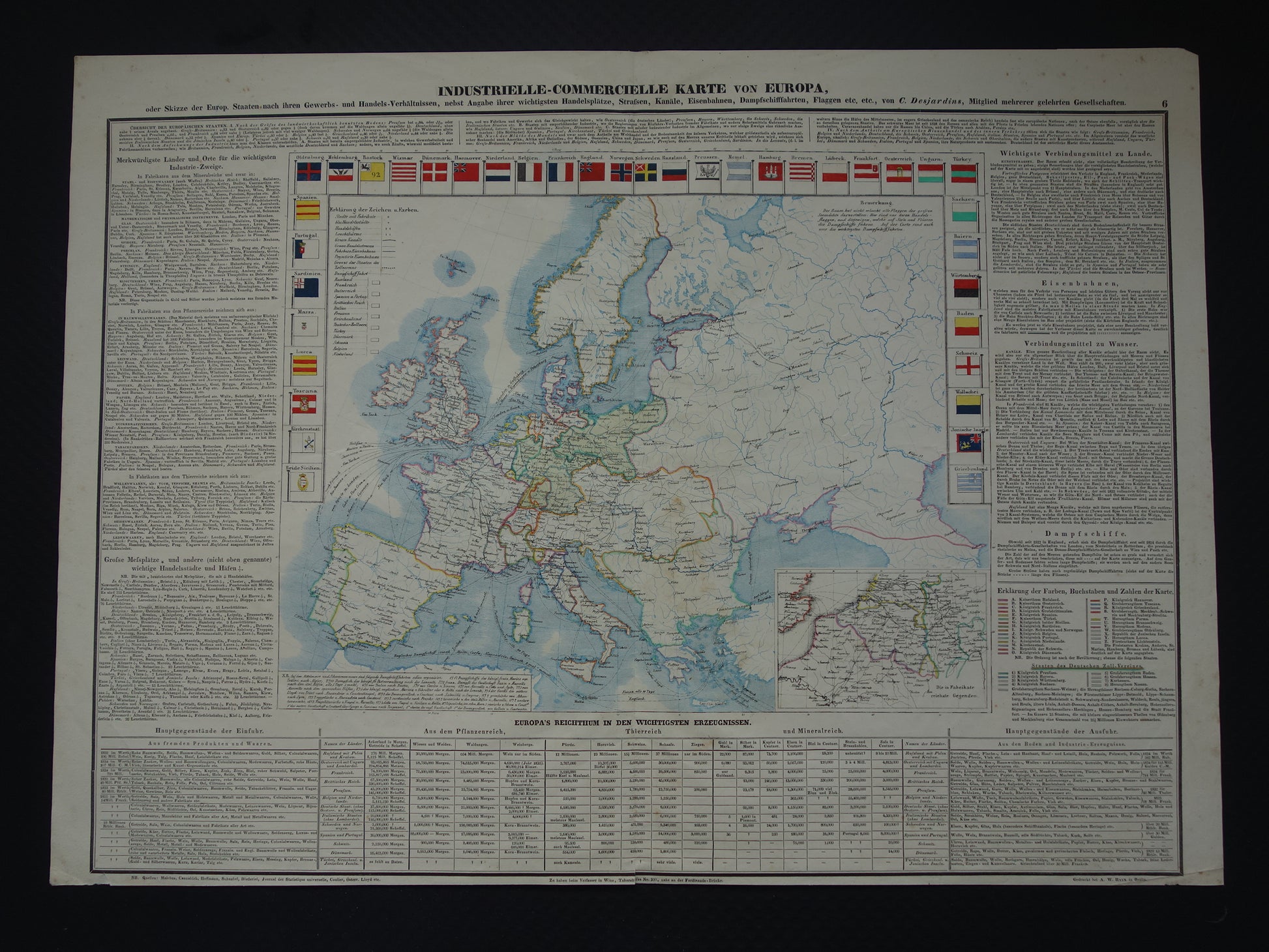 EUROPA grote oude economische kaart van Europa uit 1840 originele antieke landkaart Europees continent economie handel vintage kaarten