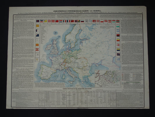EUROPA grote oude economische kaart van Europa uit 1840 originele antieke landkaart Europees continent economie handel vintage kaarten