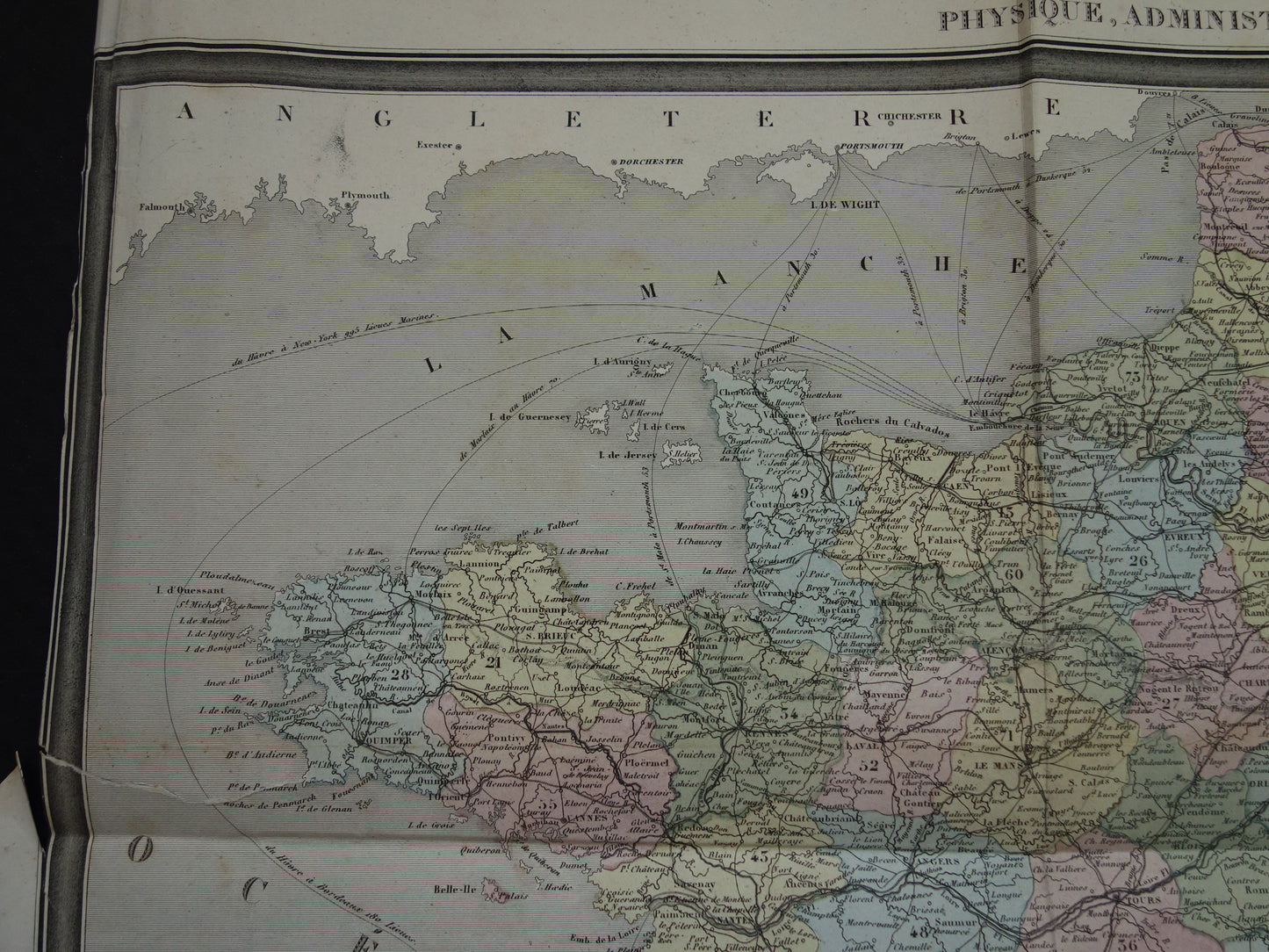 France antique map from 1870 DAMAGED original old map France departments
