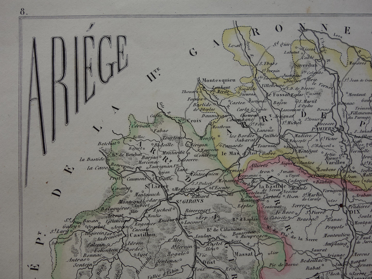 ARIEGE France old map from 1856 original antique hand colored map department Ariége Foix