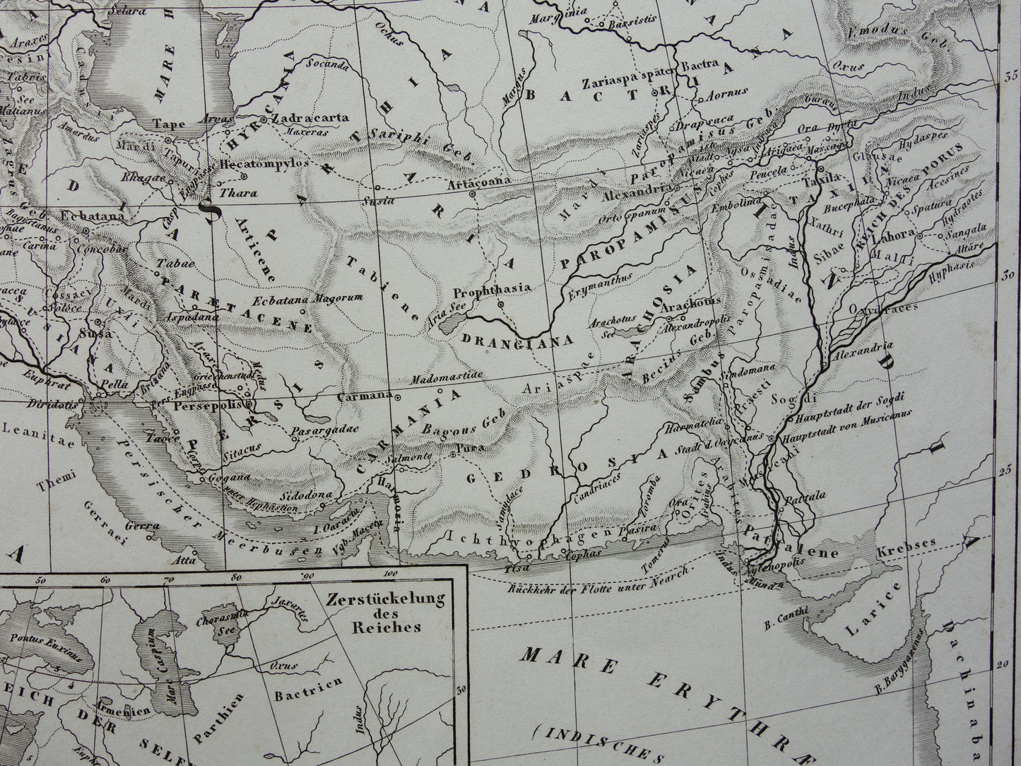 Antieke kaart van het rijk van Alexander de Grote uit 1849 Oude Duitse landkaart Macedonische Alexandrijnse rijk