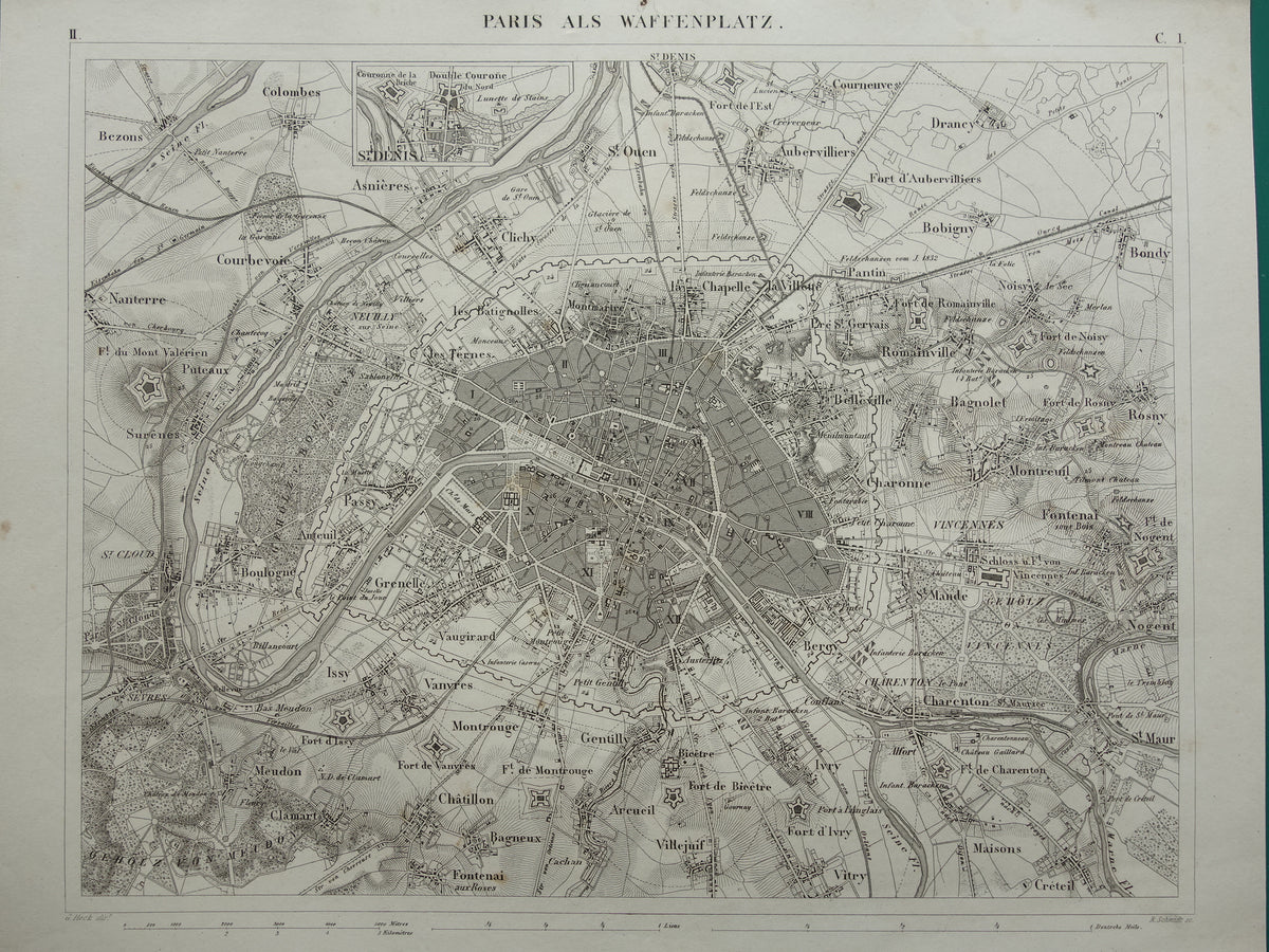 Oude kaart van Parijs 175+ jaar oude antieke landkaart van Parijs met forten uit 1849 originele vintage kaarten