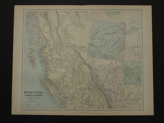 CANADA Grote oude kaart van British Columbia Athabasca Alberta 1890 antieke Engelse landkaart poster