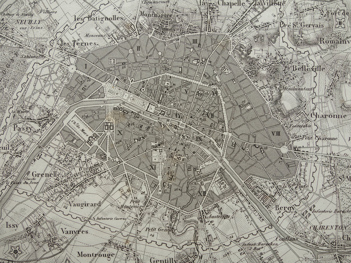 Old Map of Paris 175+ Year Old Antique Map of Paris with Forts from 1849 Original Vintage Maps