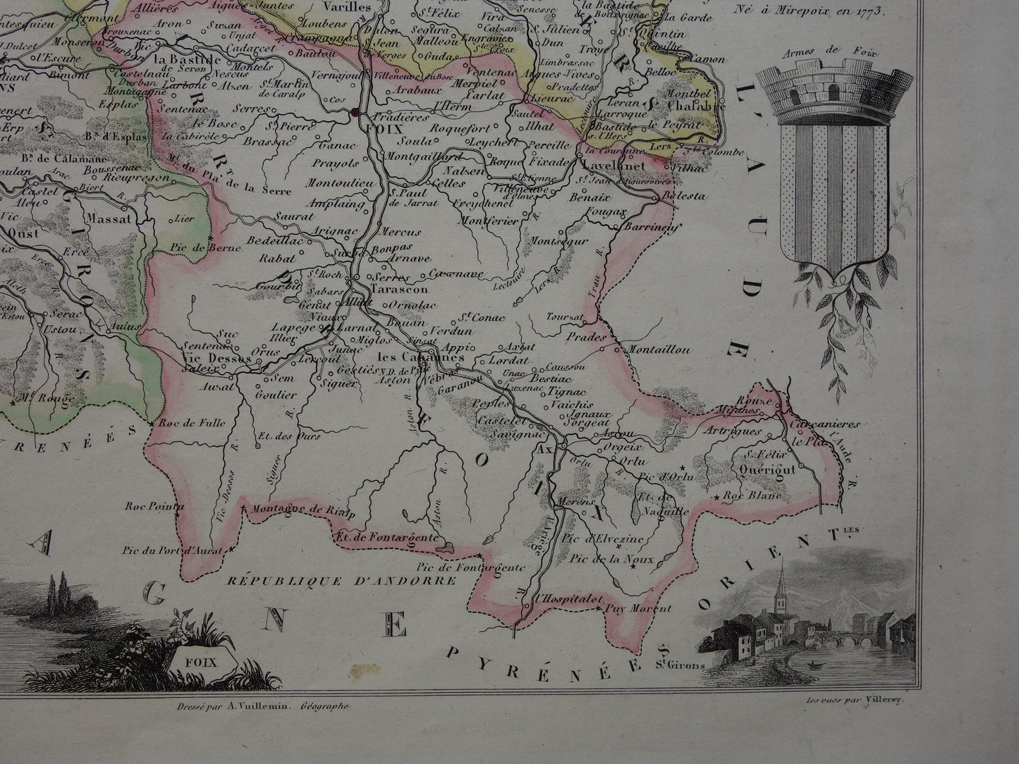 ARIEGE France old map from 1856 original antique hand colored map department Ariége Foix