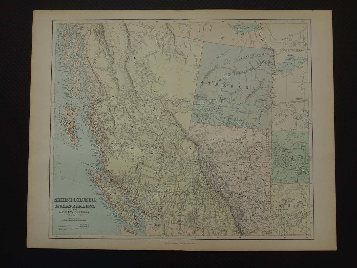 CANADA Large old map of British Columbia Athabasca Alberta 1890 antique English map poster
