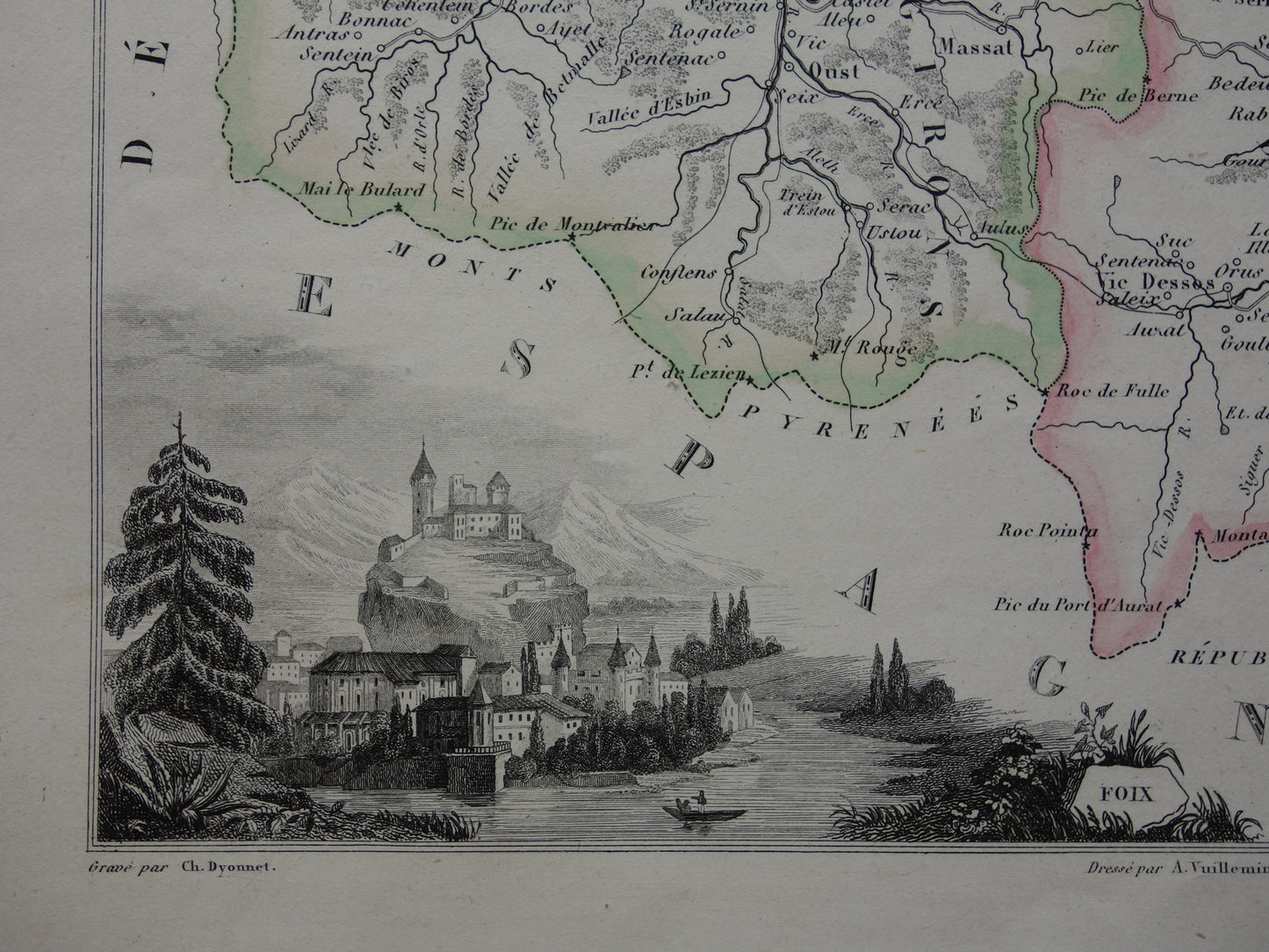 ARIEGE France old map from 1856 original antique hand colored map department Ariége Foix