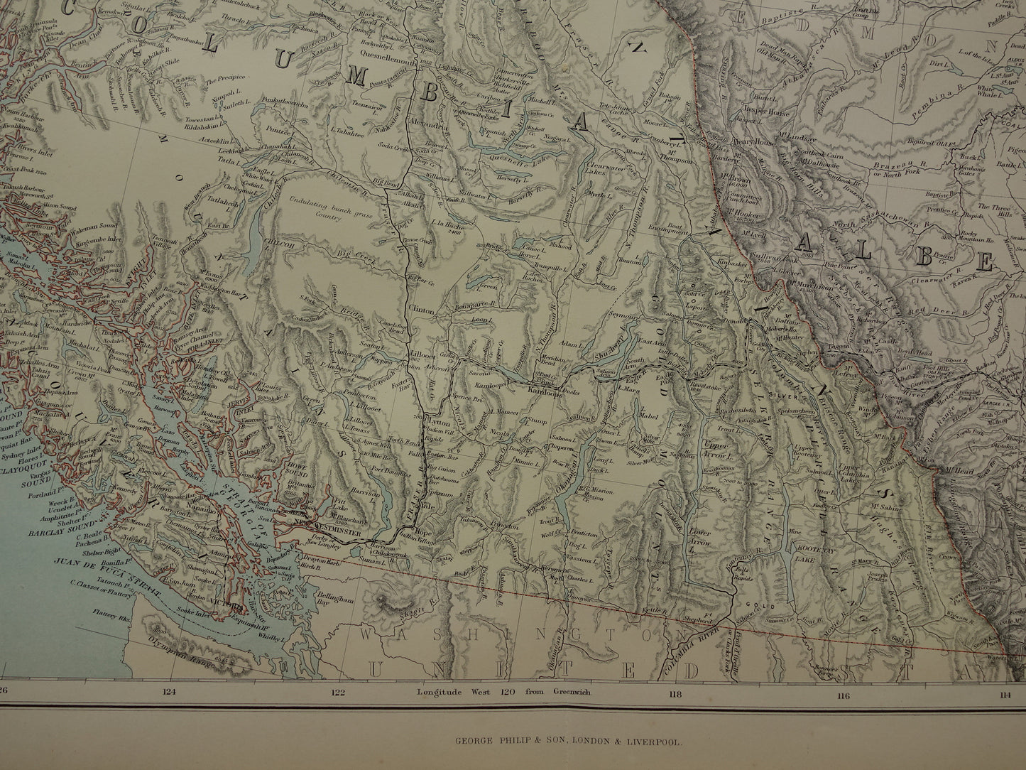 CANADA Large old map of British Columbia Athabasca Alberta 1890 antique English map poster