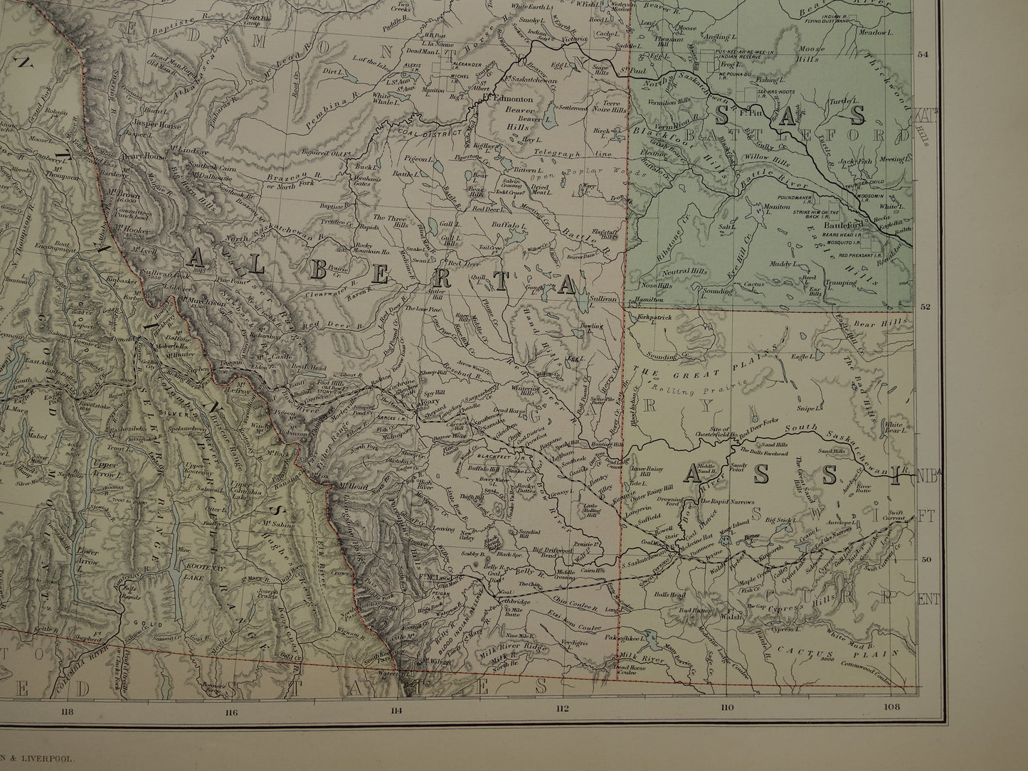 CANADA Large old map of British Columbia Athabasca Alberta 1890 antique English map poster