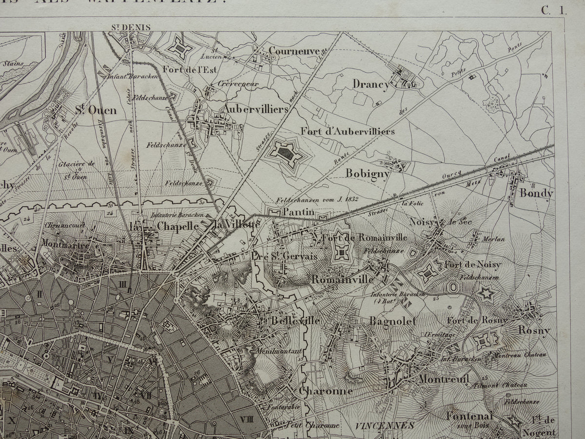 Old Map of Paris 175+ Year Old Antique Map of Paris with Forts from 1849 Original Vintage Maps