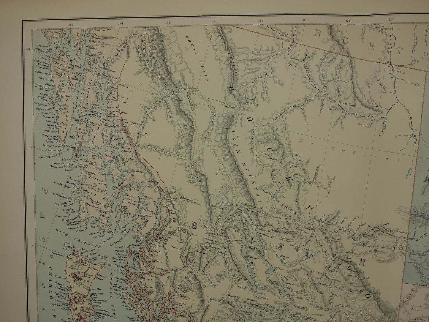 CANADA Large old map of British Columbia Athabasca Alberta 1890 antique English map poster