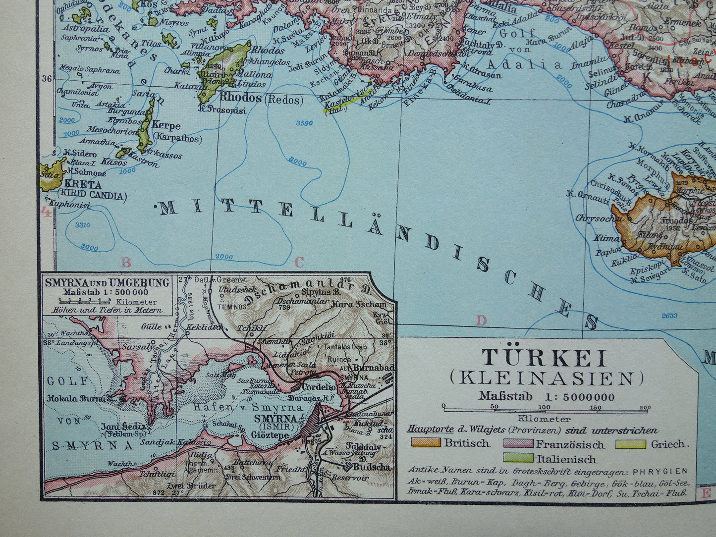 Alte Karte der Türkei aus dem Jahr 1928, originale deutsche Vintage-Karte