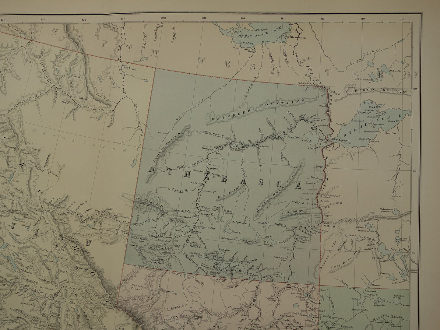 CANADA Large old map of British Columbia Athabasca Alberta 1890 antique English map poster