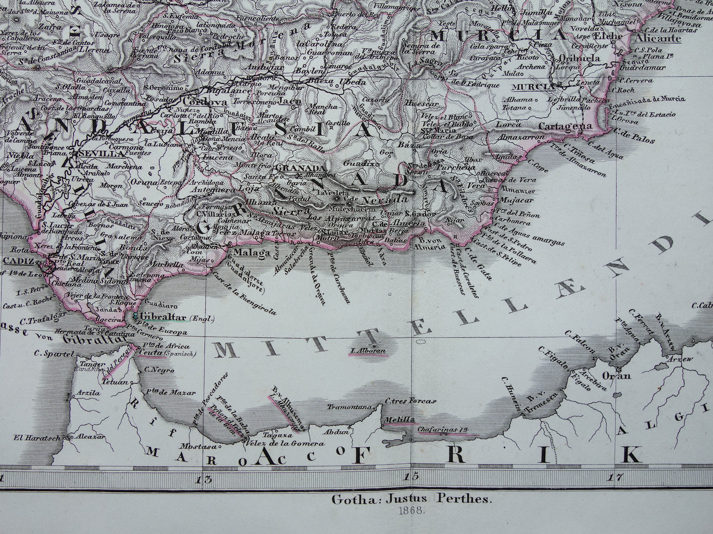 SPANJE Oude kaart van Spanje en Portugal uit 1868 originele antieke landkaart met jaartal
