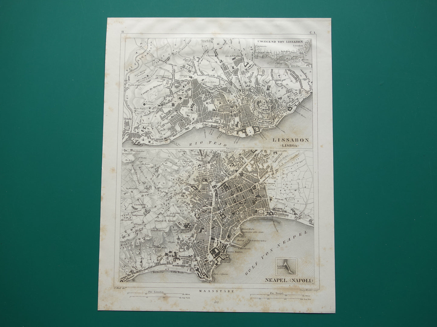 Lissabon en Napels oude kaart Antieke plattegrond Lisboa Napoli uit 1849 vintage kaarten