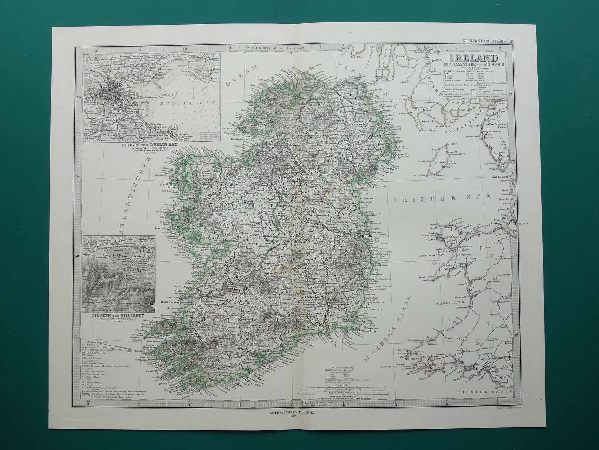 IERLAND antieke kaart van Ierland 1880 originele 145+ jaar oude Duitse landkaart van Ierland met jaartal