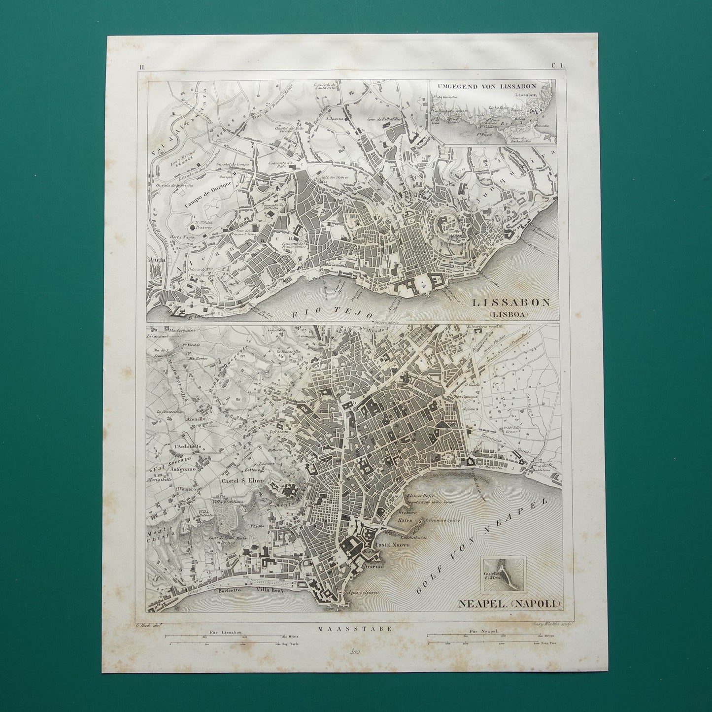 Lissabon en Napels oude kaart Antieke plattegrond Lisboa Napoli uit 1849 vintage kaarten
