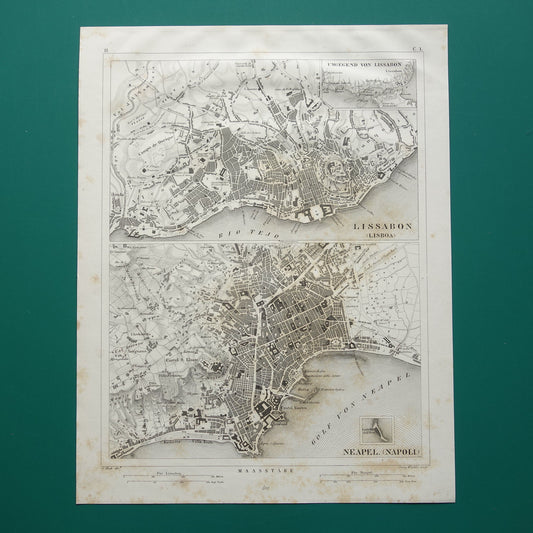 Lissabon en Napels oude kaart Antieke plattegrond Lisboa Napoli uit 1849 vintage kaarten