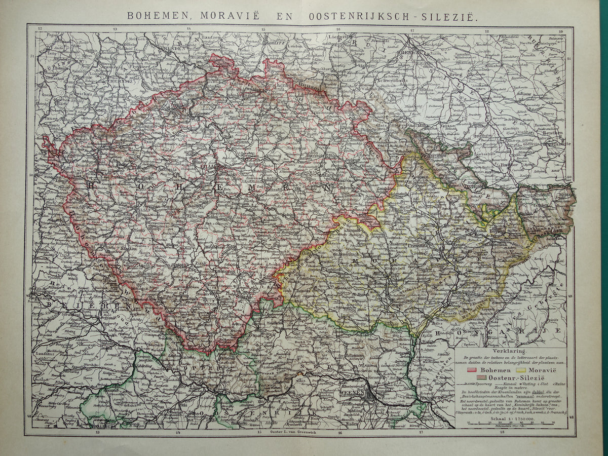 Bohemen, Moravie en Oostenrijksch Silezie 1906 landkaart antieke kaart