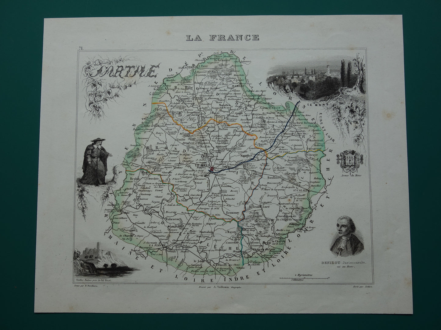 Antique map of Sarthe department in France from 1851 original old hand colored map Le Mans
