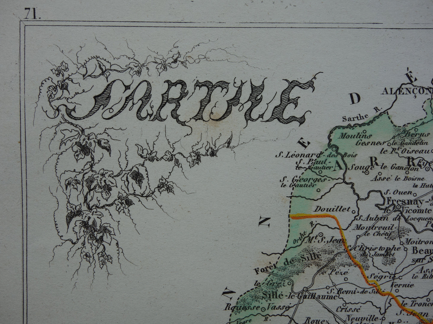 Antique map of Sarthe department in France from 1851 original old hand colored map Le Mans