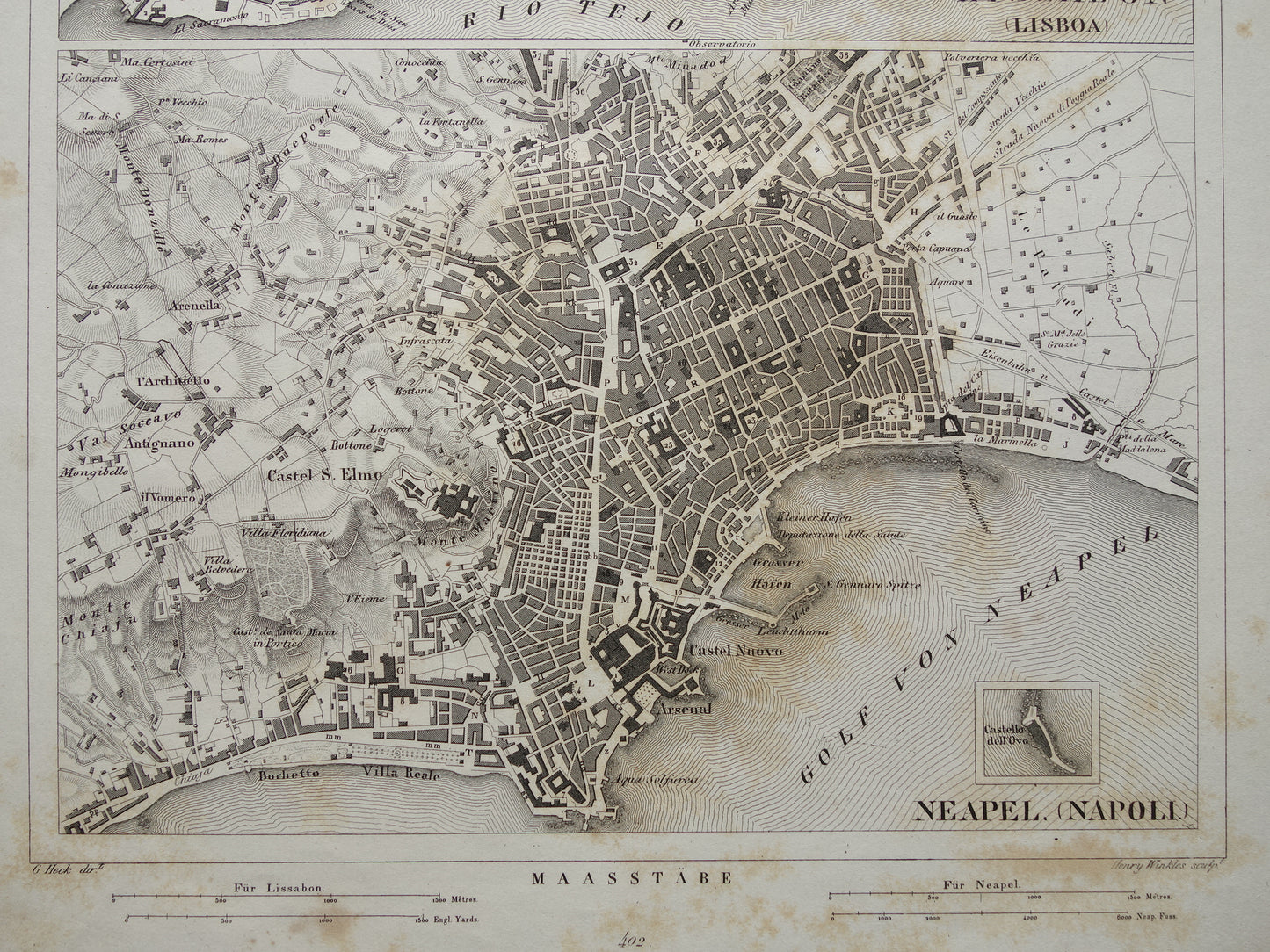 Lissabon en Napels oude kaart Antieke plattegrond Lisboa Napoli uit 1849 vintage kaarten