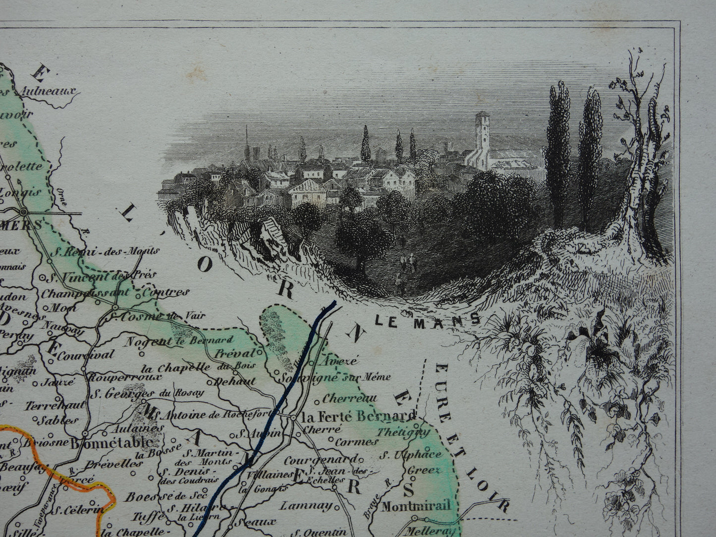 Antique map of Sarthe department in France from 1851 original old hand colored map Le Mans
