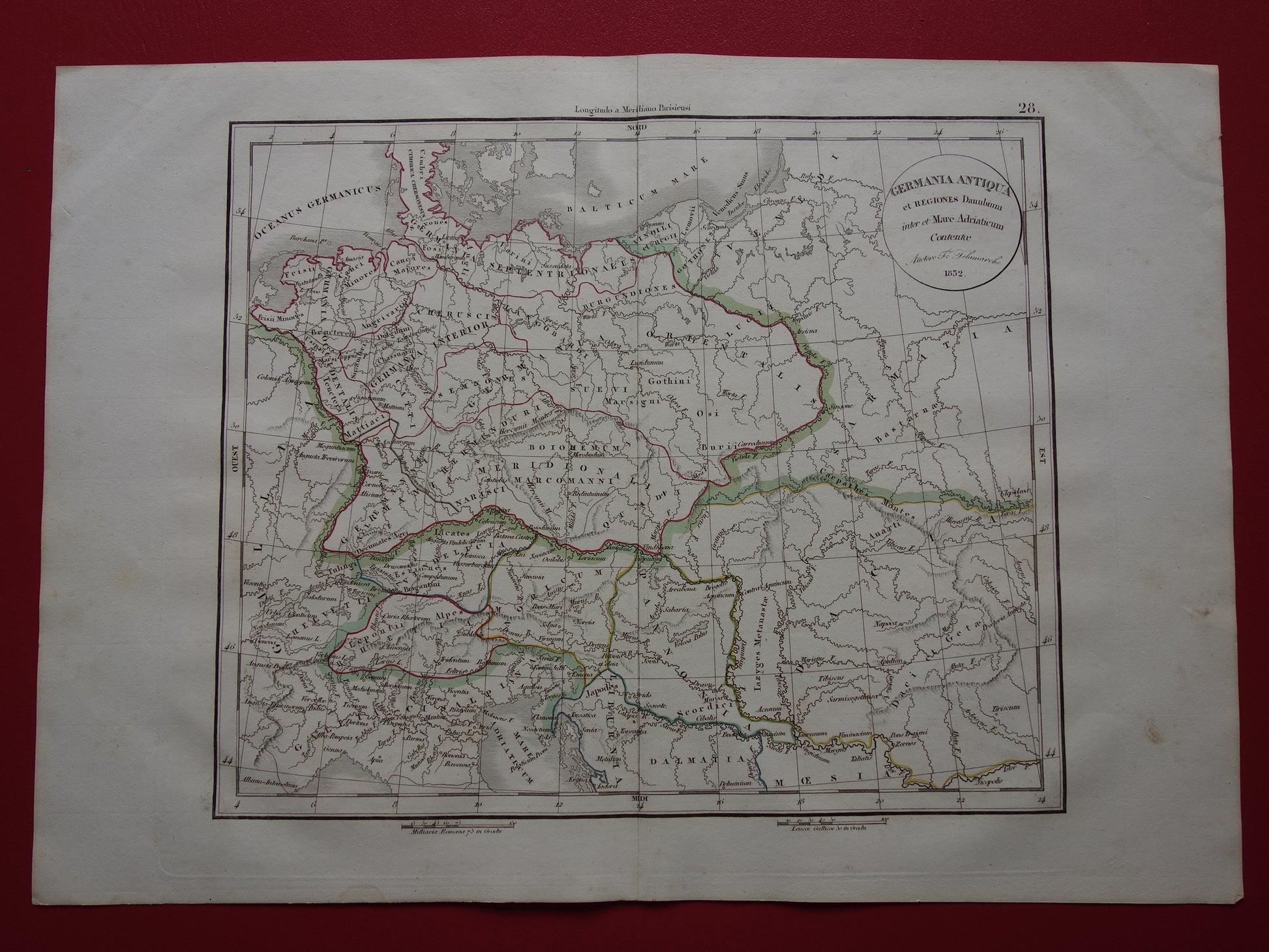 Duitsland oude historische landkaart van Germania in Romeinse Tijd - 1832 originele antieke kaart centraal Europa in oudheid