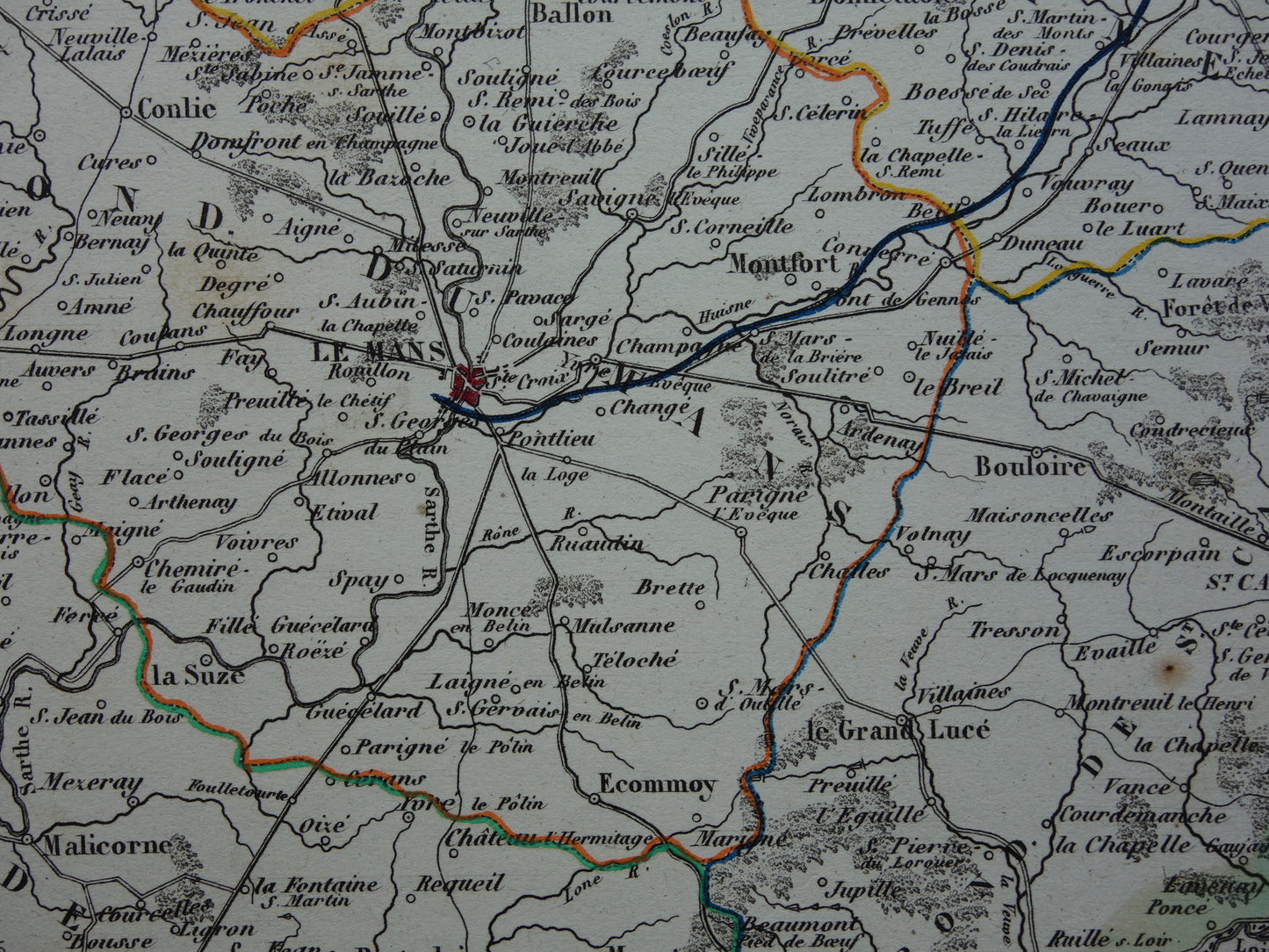 Antique map of Sarthe department in France from 1851 original old hand colored map Le Mans
