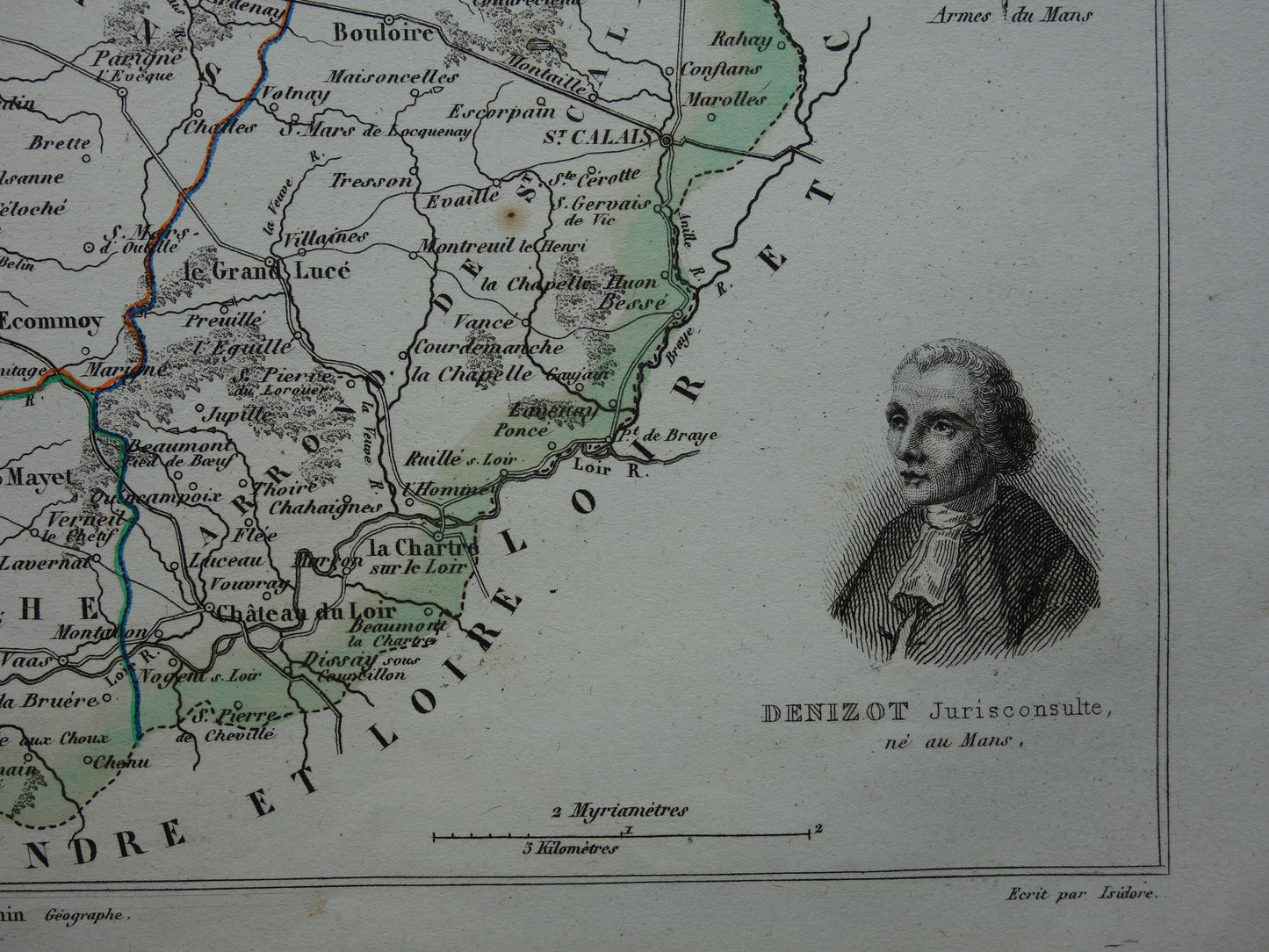 Antique map of Sarthe department in France from 1851 original old hand colored map Le Mans
