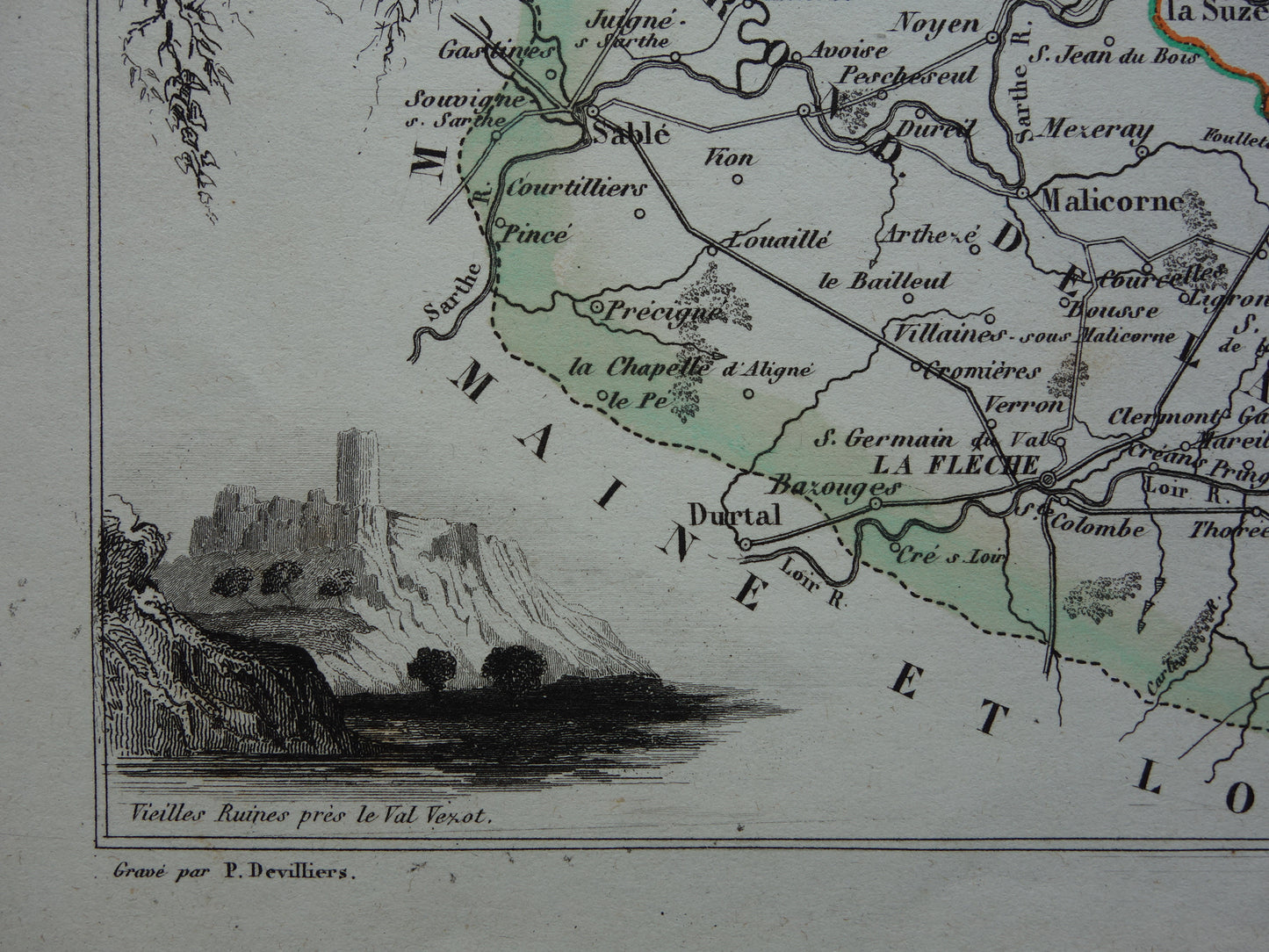 Antique map of Sarthe department in France from 1851 original old hand colored map Le Mans