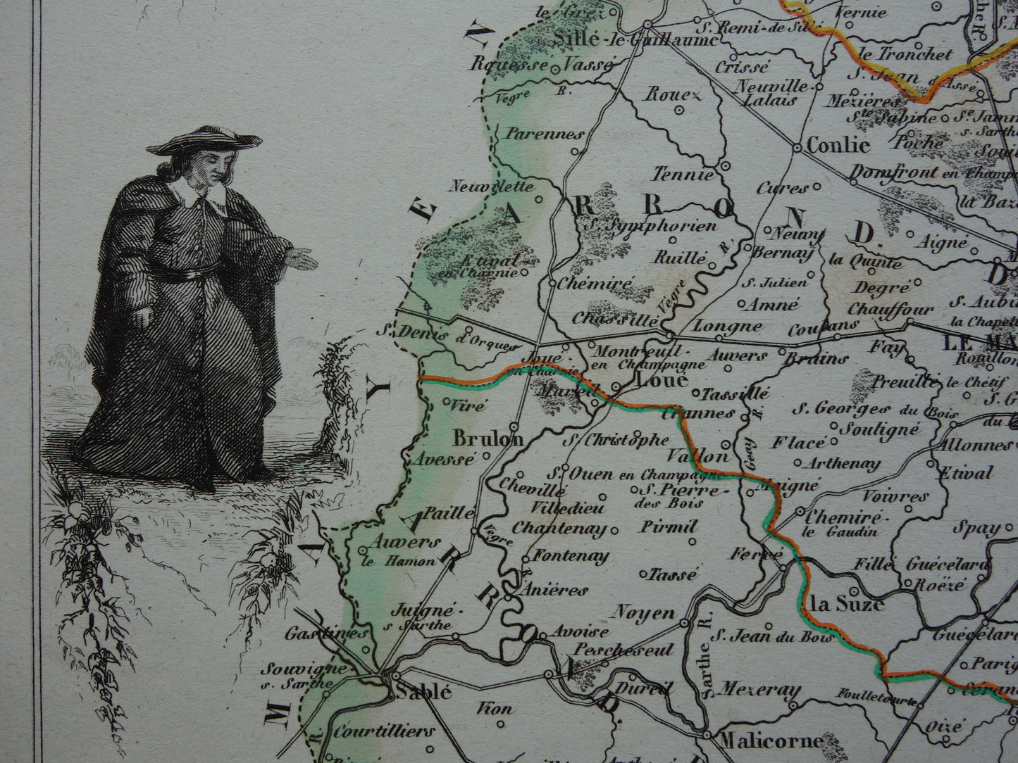 Antique map of Sarthe department in France from 1851 original old hand colored map Le Mans