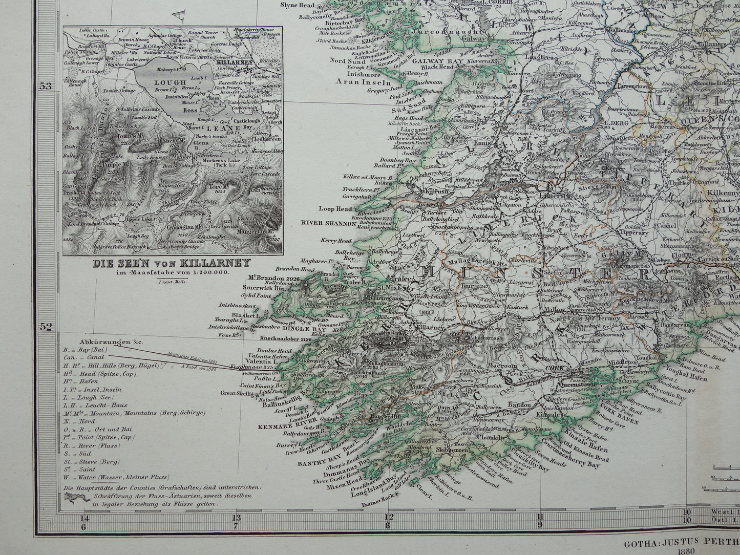 IERLAND antieke kaart van Ierland 1880 originele 145+ jaar oude Duitse landkaart van Ierland met jaartal