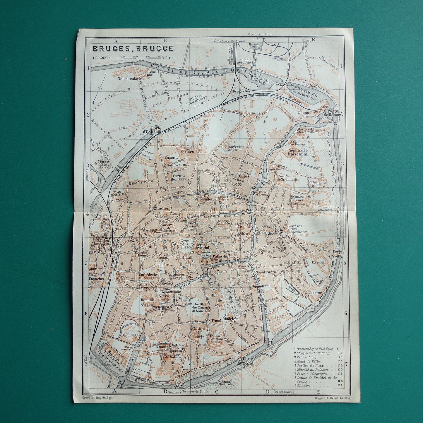 Brugge in het jaar 1910 kleine antieke historische kaart