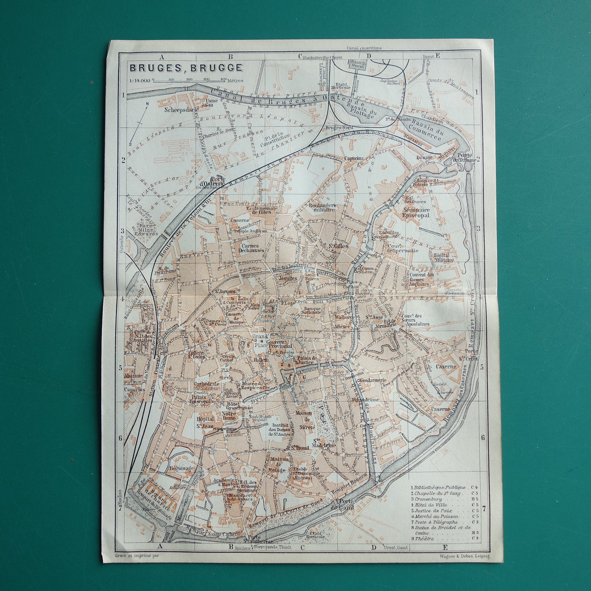 Brugge in het jaar 1910 kleine antieke historische kaart