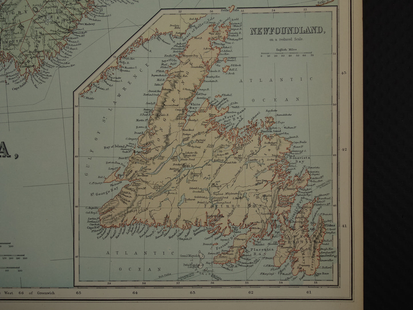 CANADA Grote antieke kaart van Newfoundland Quebec Nova Scotia Brunswick 1890 oude Engelse landkaart poster