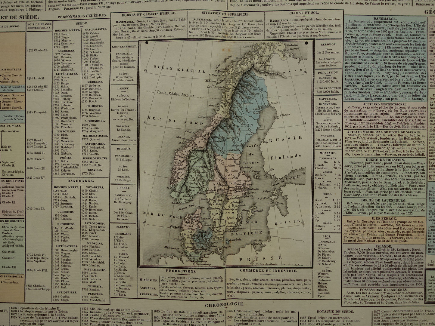 Denmark and Sweden old map 1837 large antique engraving about history of Sweden and Denmark with vintage map