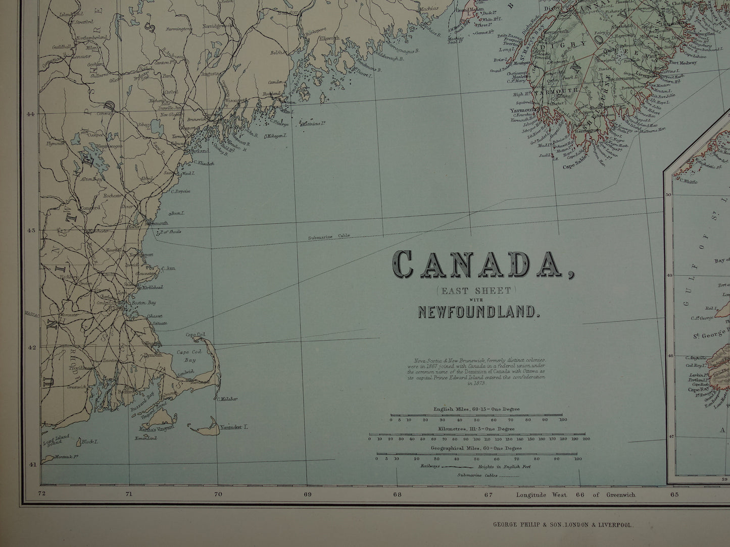 CANADA Grote antieke kaart van Newfoundland Quebec Nova Scotia Brunswick 1890 oude Engelse landkaart poster