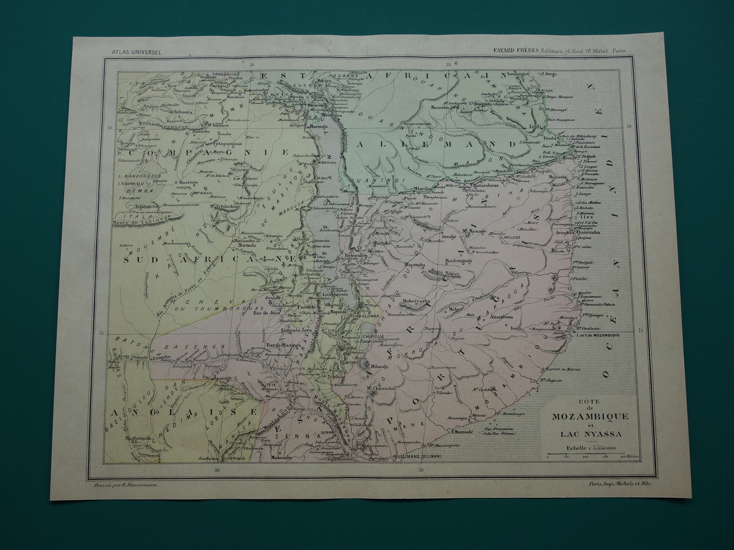 Mozambique Oude kaart van Mozambique Malawimeer uit 1896 antieke handgekleurde landkaart Lake Malawi