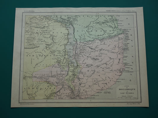 Mozambique Oude kaart van Mozambique Malawimeer uit 1896 antieke handgekleurde landkaart Lake Malawi