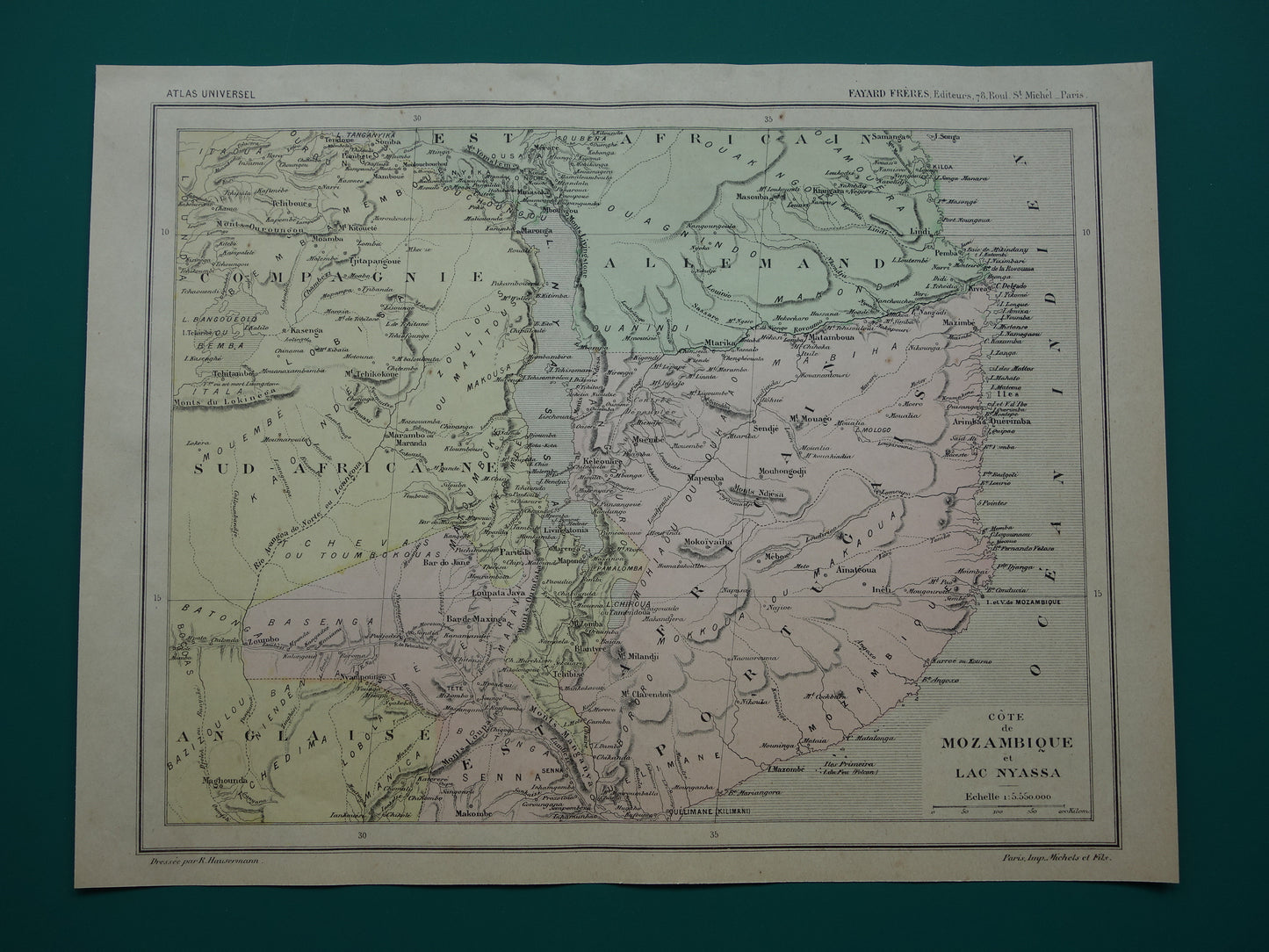 Mozambique Old map of Mozambique Lake Malawi from 1896 antique hand-colored map Lake Malawi