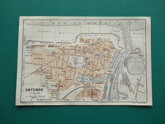 OOSTENDE oude kaart van Ostende België uit 1910 kleine originele antieke plattegrond landkaart