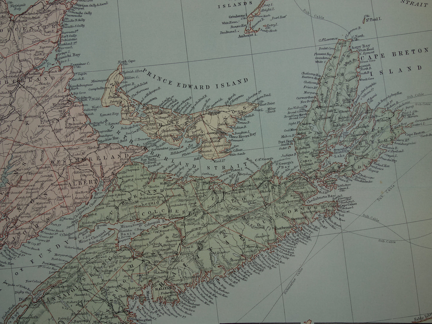 CANADA Grote antieke kaart van Newfoundland Quebec Nova Scotia Brunswick 1890 oude Engelse landkaart poster
