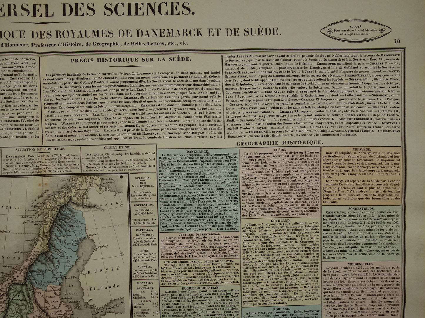 Denmark and Sweden old map 1837 large antique engraving about history of Sweden and Denmark with vintage map